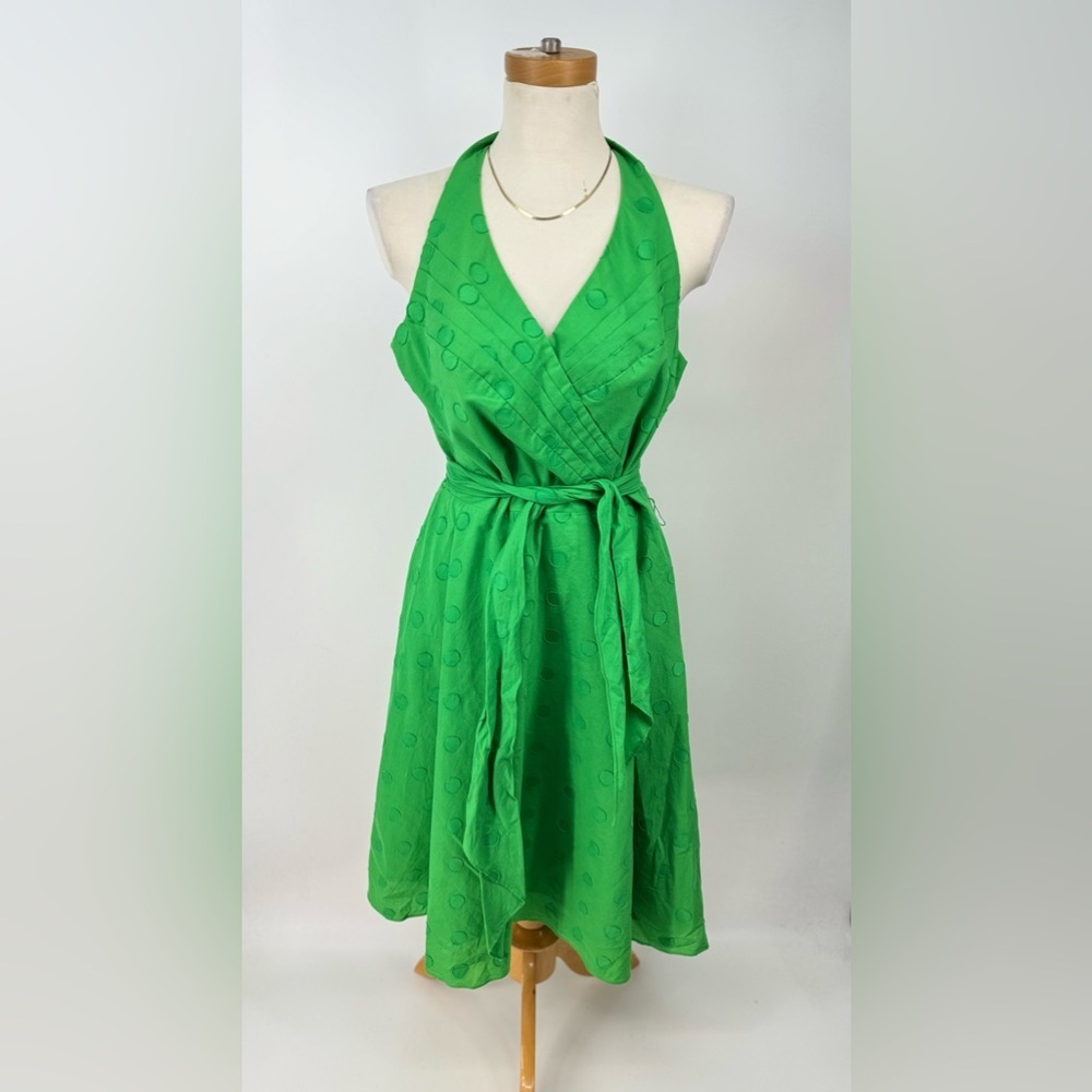 Vintage 1990s Y2K Nine West Cotton Kelly Green Swiss Dot Halter Midi Dress 12